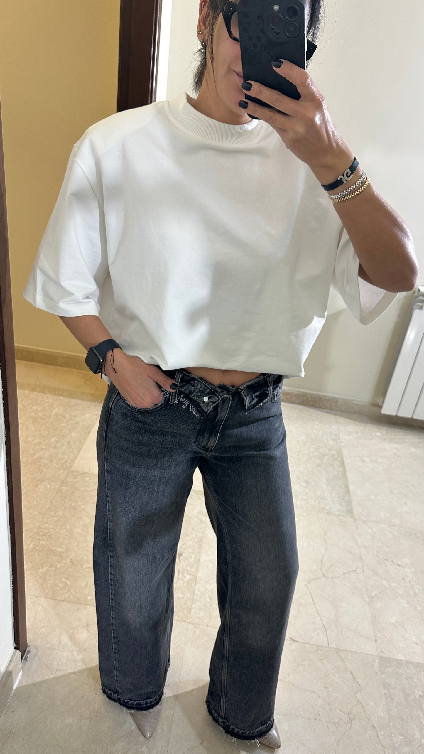 Asymmetric Fold-Over Mid to High-Rise Wide Leg Jeans