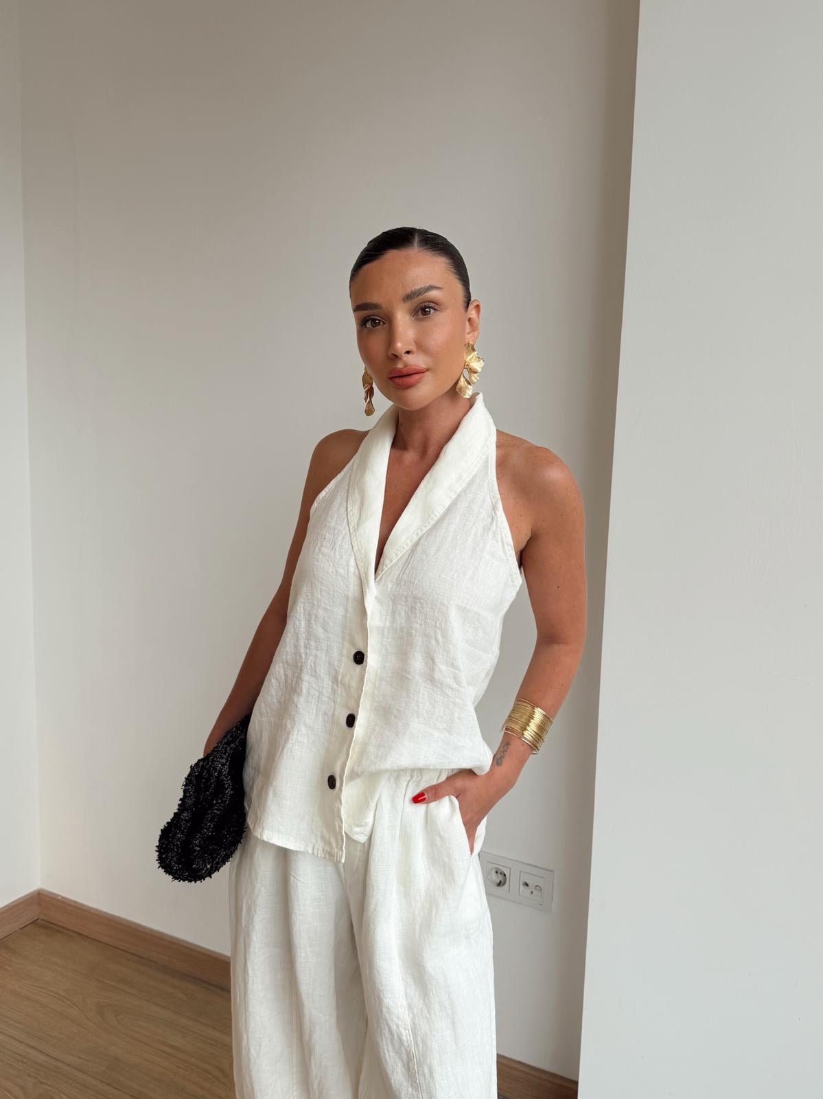 The Resort Halter & Wide-Leg Linen Set in White Color