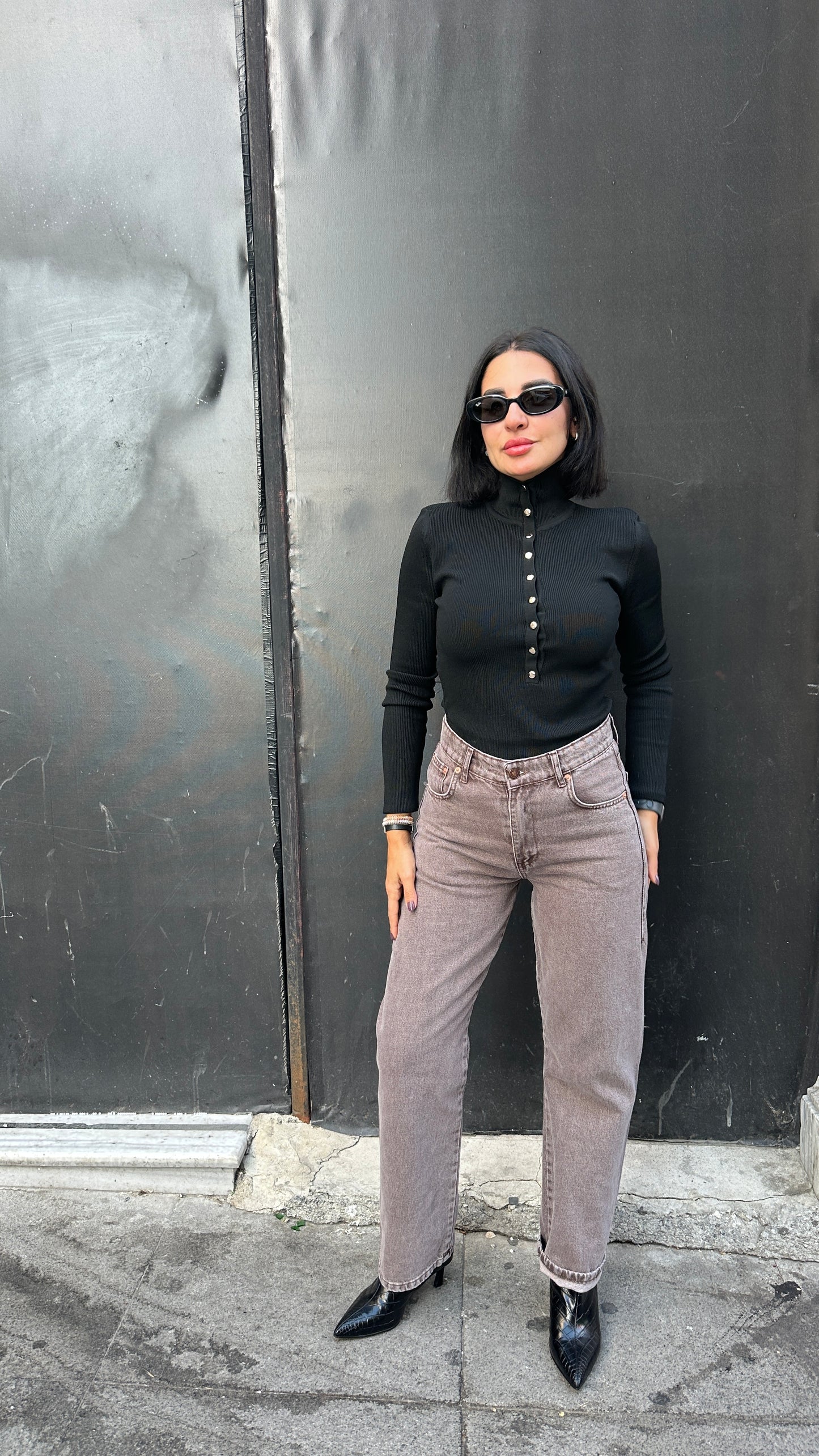 Mom Fit Denim Jeans - Brown Color - with a built in Belt on the Back