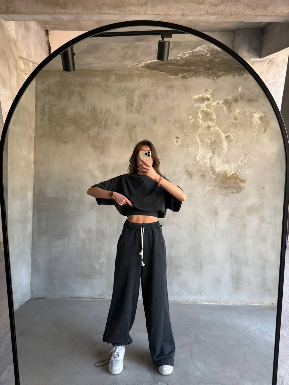Cropped Tee & Wide-Leg Pants Set – Black Grey Color