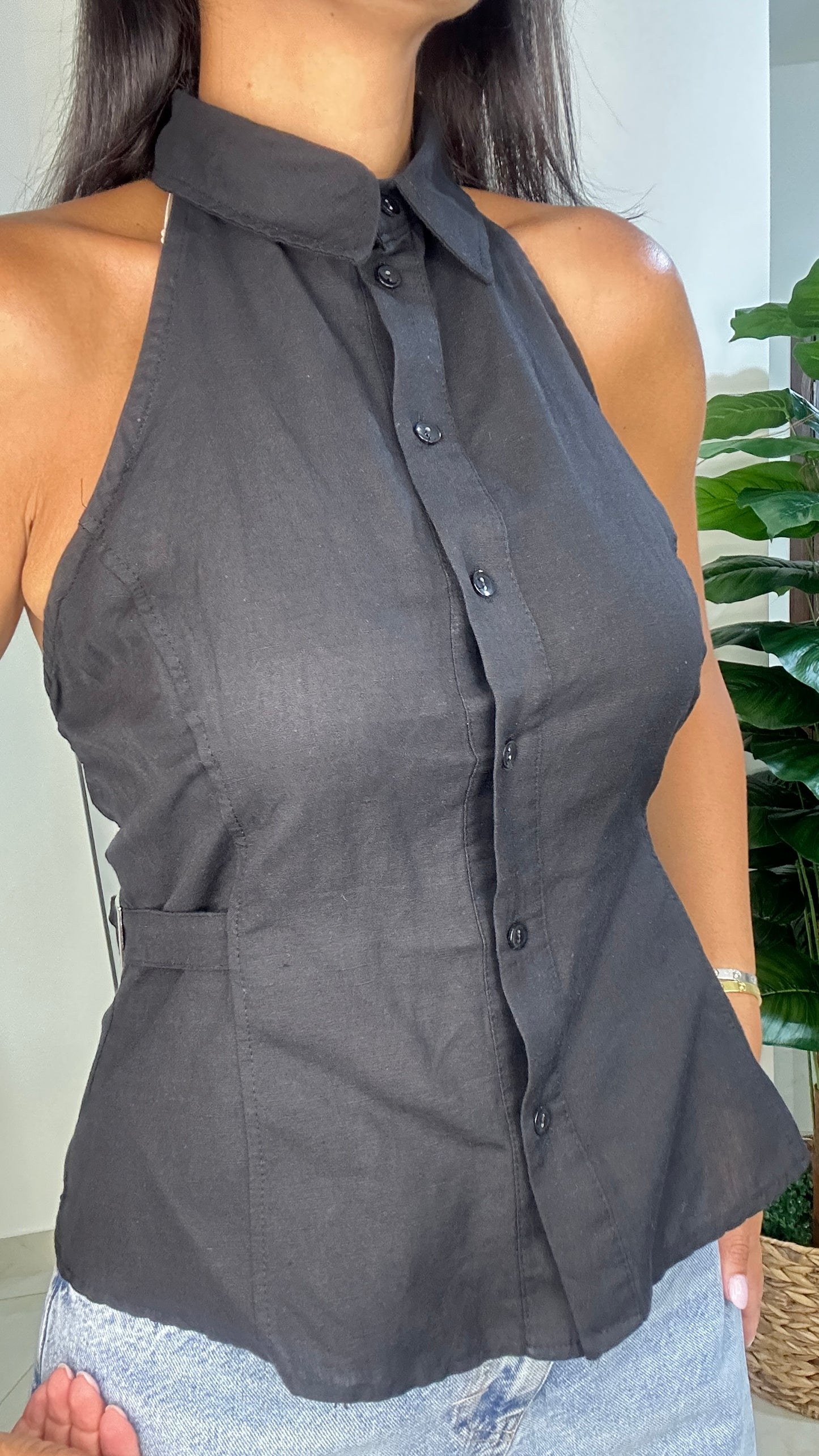 Halter Top - Black Color - Linen
