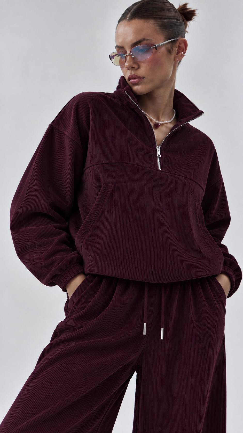 Burgundy Velour Quarter-Zip & Wide-Leg Pants Set