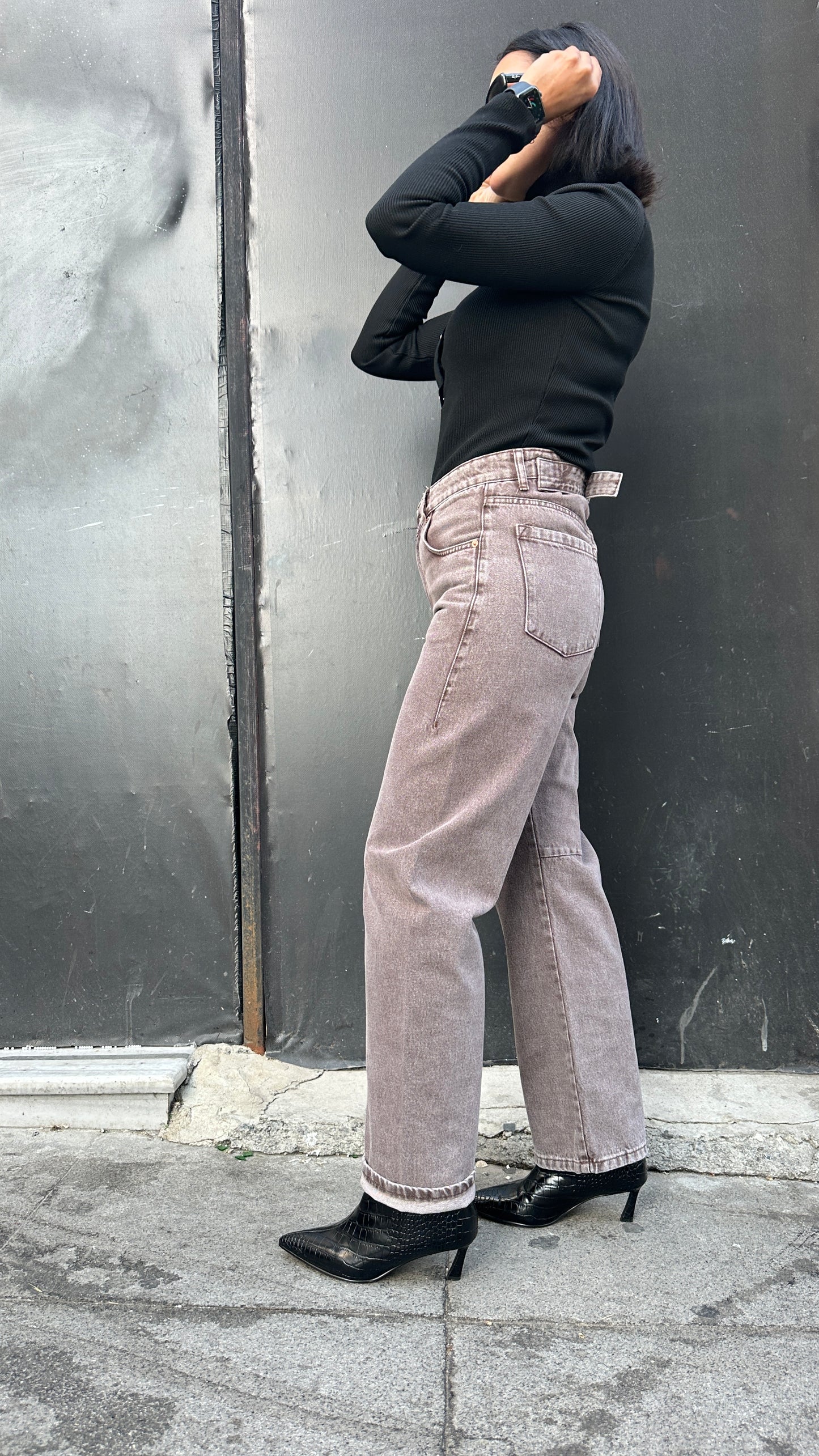 Mom Fit Denim Jeans - Brown Color - with a built in Belt on the Back