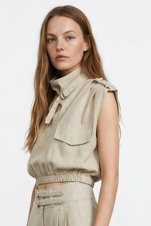 Sleeveless Buckled High-Collar Cropped Linen-Look Top