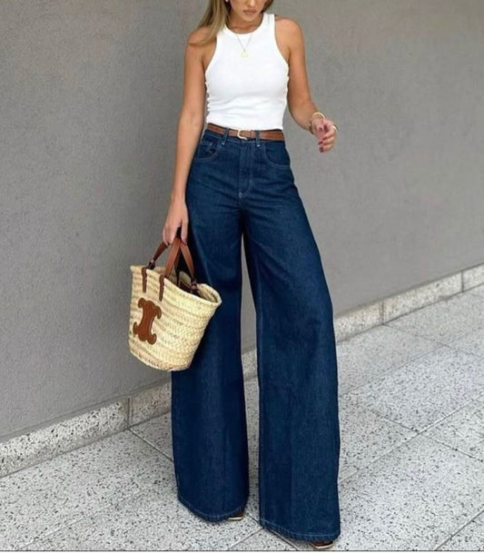 The High-Rise Palazzo Ultra Wide-Leg Denim Jeans - Dark Indigo/Clean Wash -