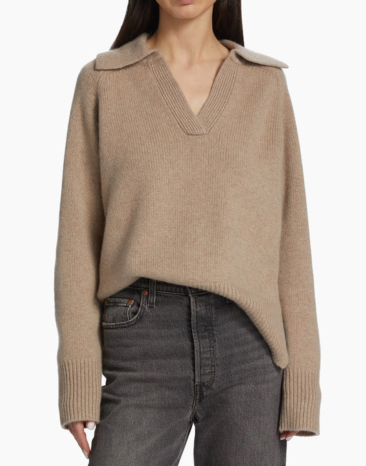 Cozy Ribbed Collar Relaxed Fit V- Neck Sweater - One Size -