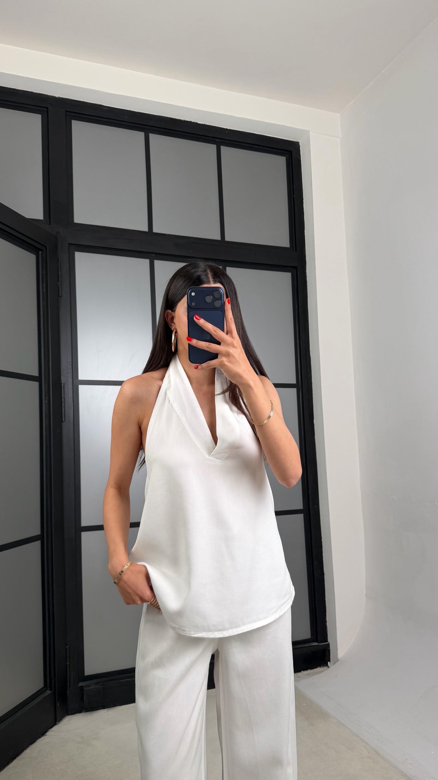 Lola Backless Denim Set - Vest & Wide-Leg Pant - White Color -