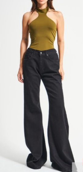 Flared Denim Jeans -Black Color - Elastic Waist