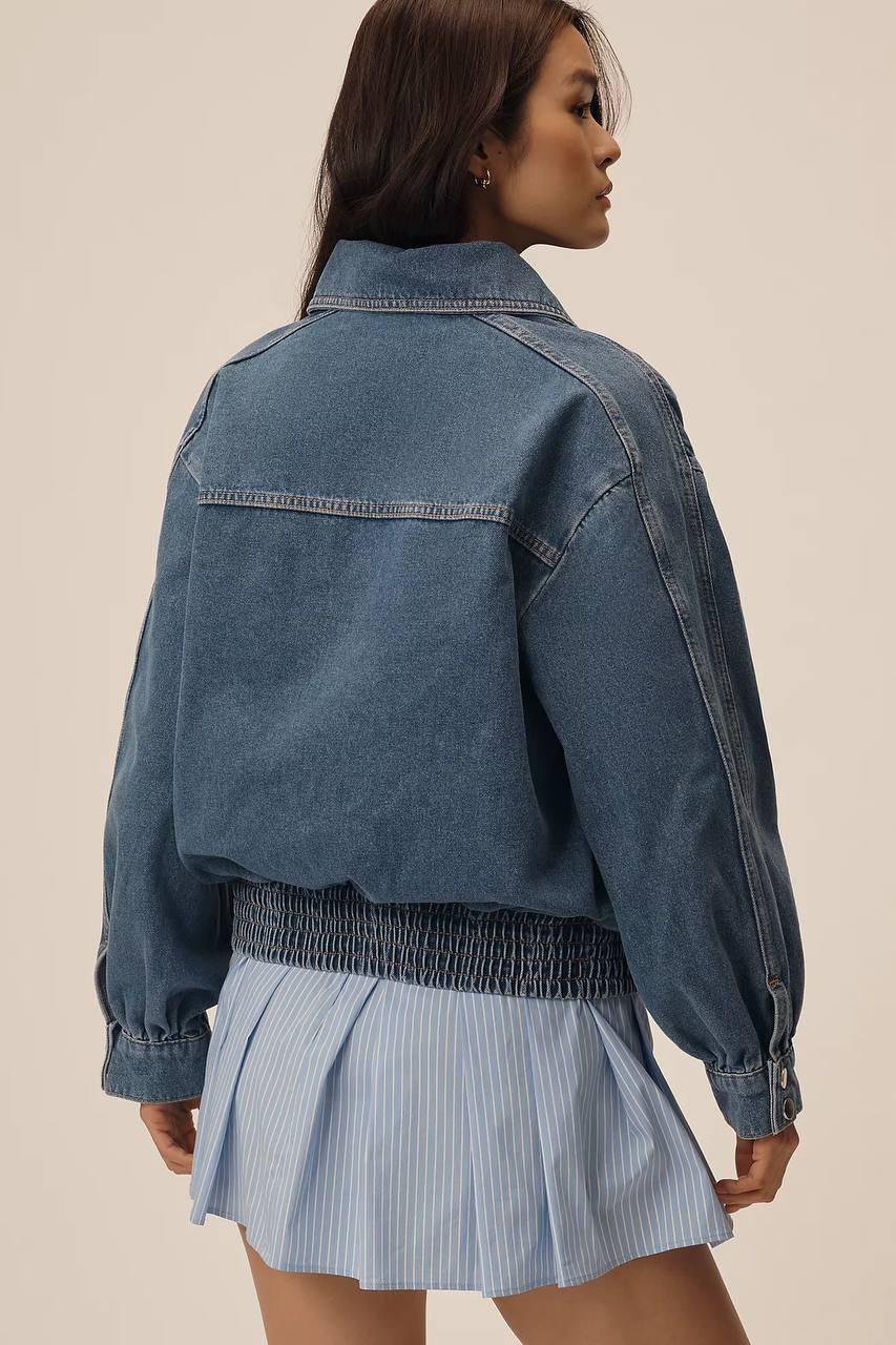 The Smocked Hem Denim Bomber Jacket