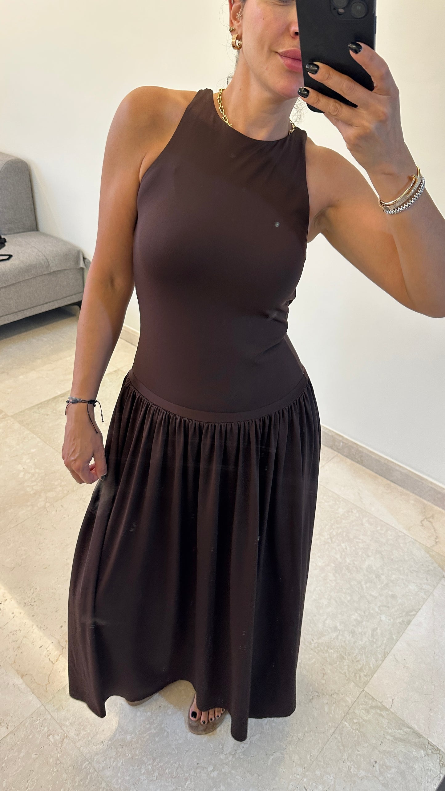 Sienna Gathered Maxi Dress - Deep Chocolate Brown-