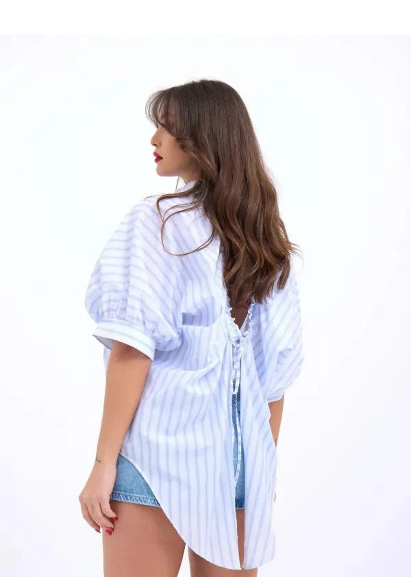 Serene Stripe Open-Back Blouse – Blue & White