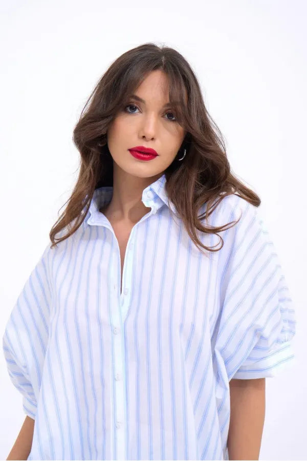 Serene Stripe Open-Back Blouse – Blue & White