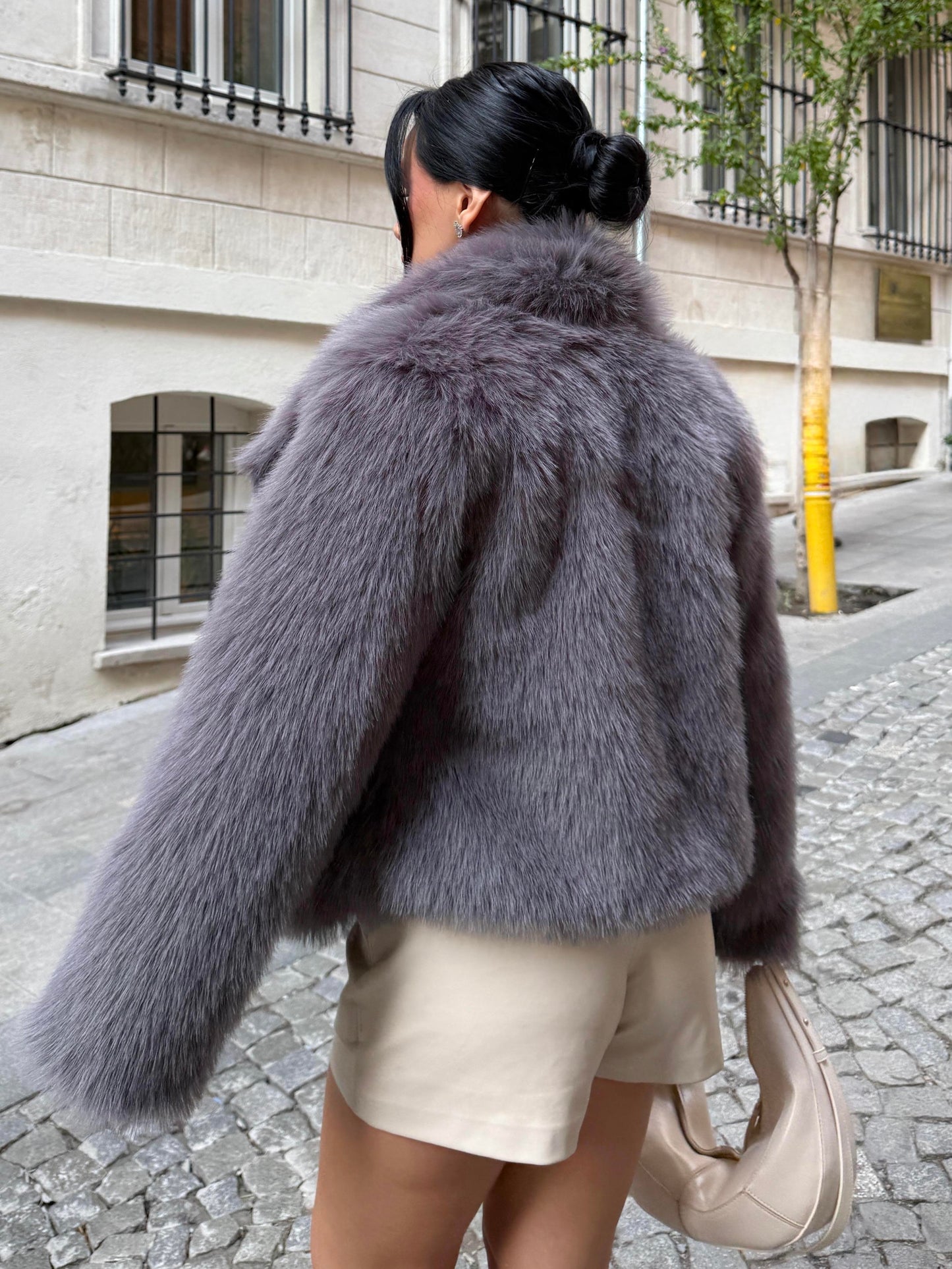 Faux Fur Short Jacket - Grey Anthracite Color -