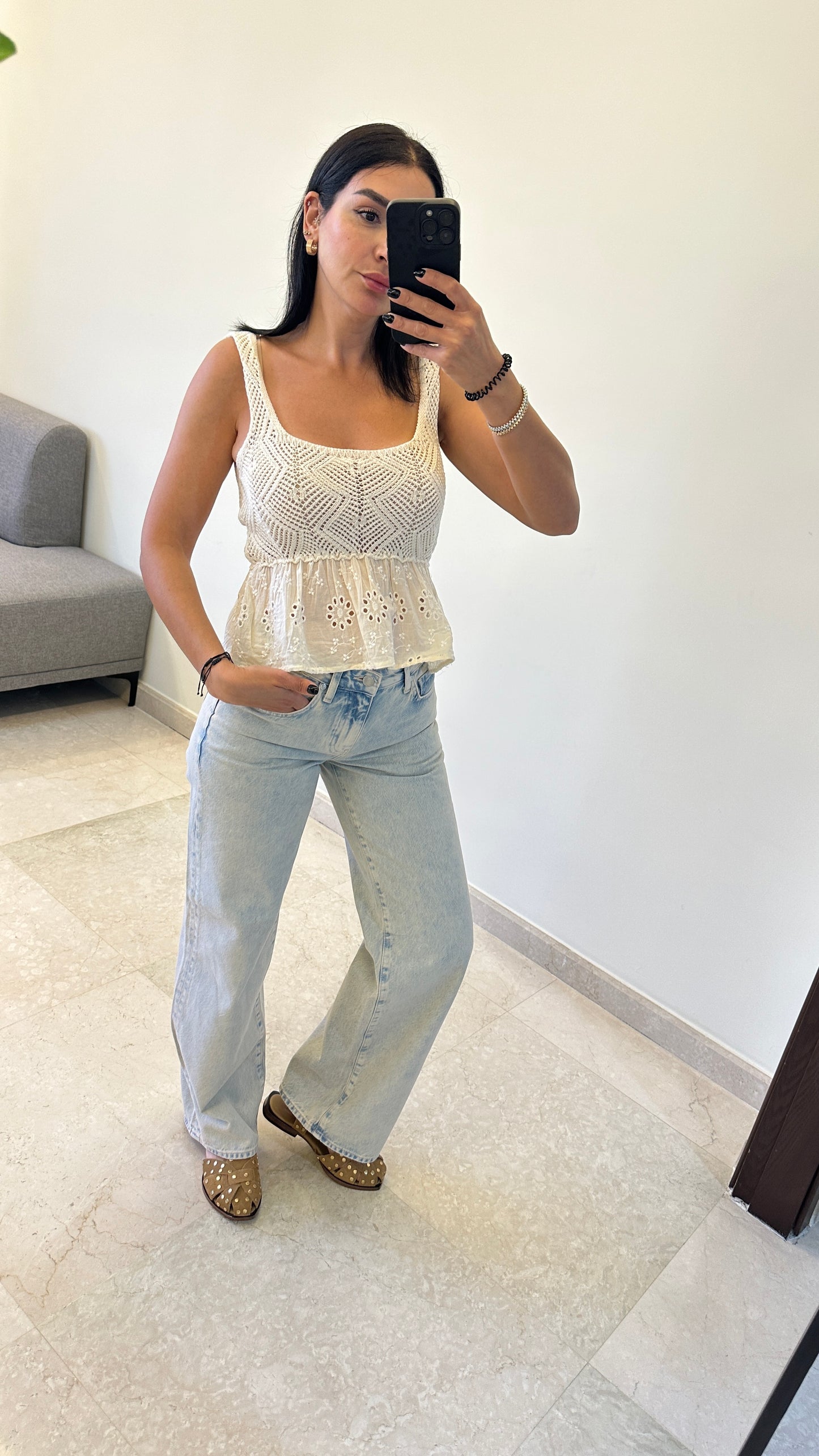 Crochet & Eyelet Peplum Cami Top – Cream