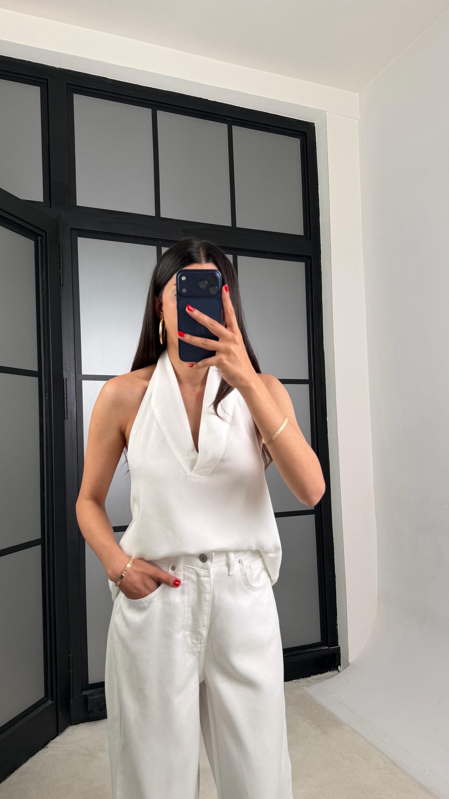 Lola Backless Denim Set - Vest & Wide-Leg Pant - White Color -