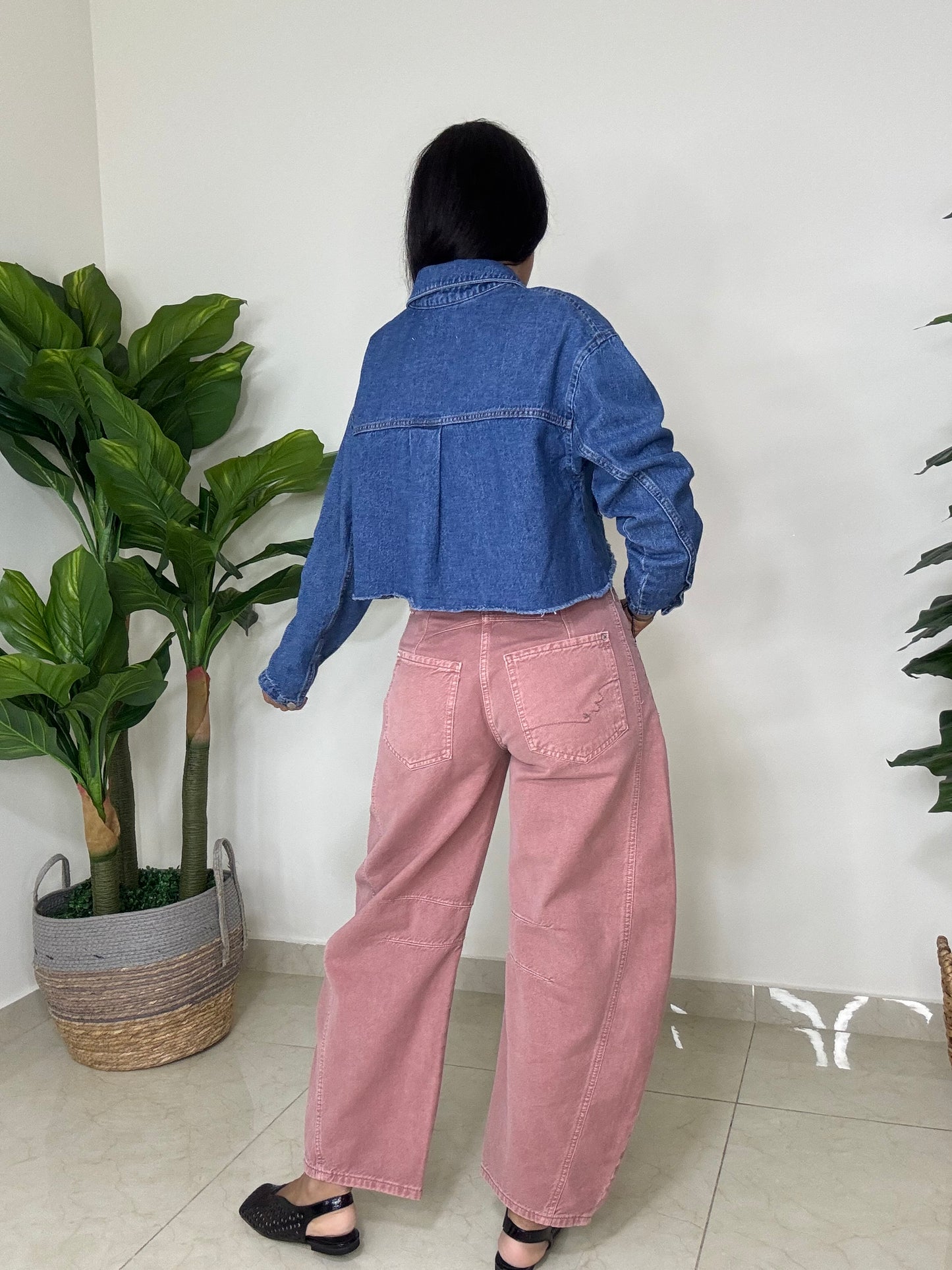 Crop Denim Shirt- Oversized- Dark Blue-