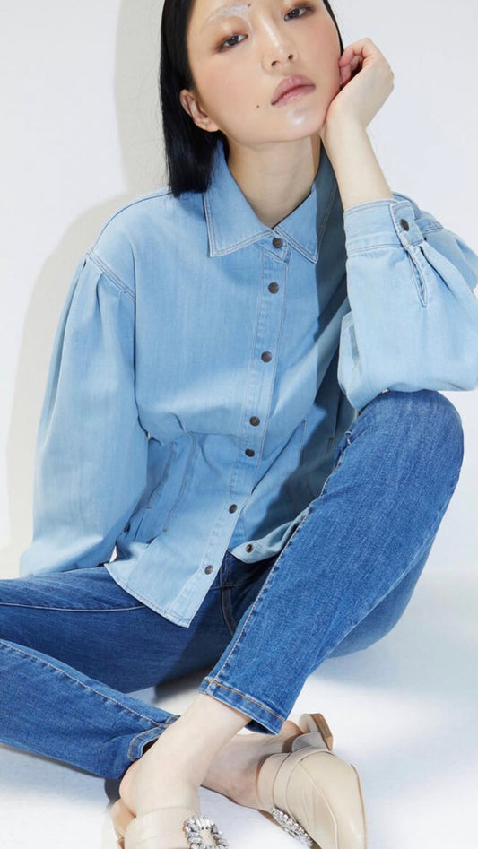 Light Wash Pleated Denim Blouse with Bishop Sleeves