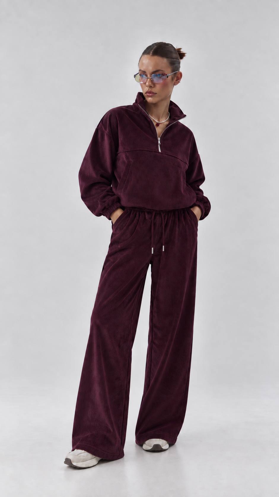 Burgundy Velour Quarter-Zip & Wide-Leg Pants Set