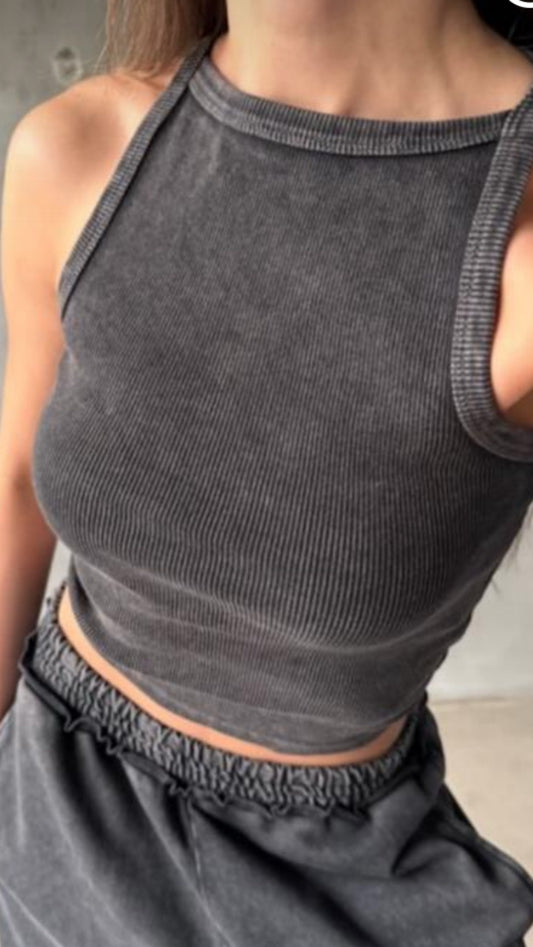 Ribbed Halter Crop Top in Dark Grey Wash