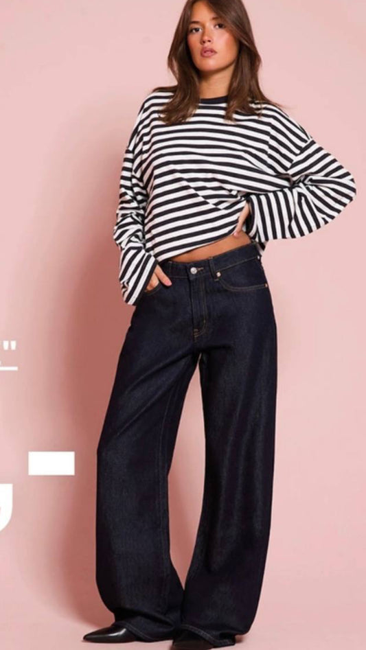 Mid-Rise Wide-Leg Denim Jeans Dark Blue