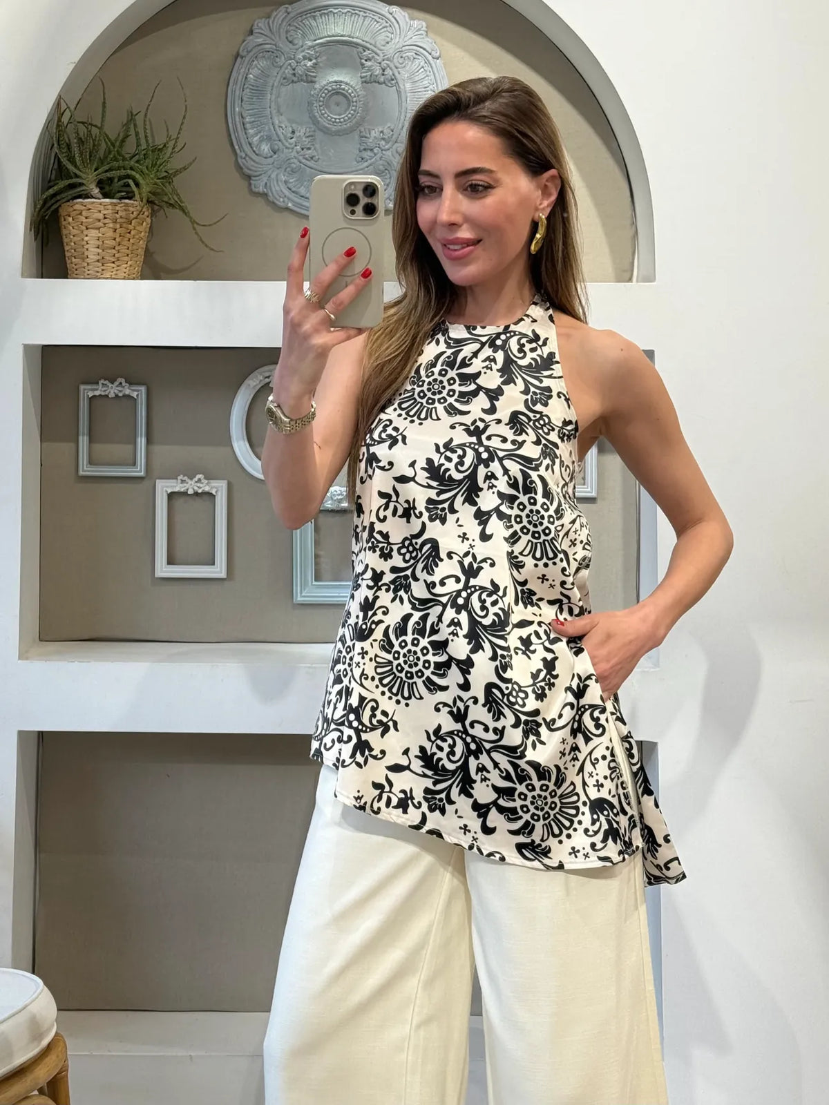 Monochrome Floral Satin Halter Top with Asymmetric Hem