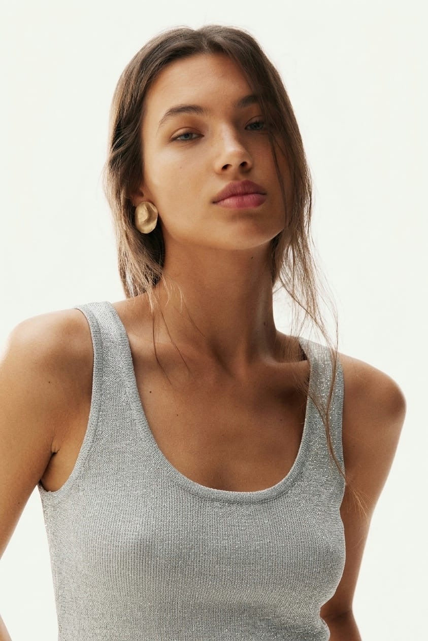 Shimmer Scoop-Neck Knit Tank - Silver Color -