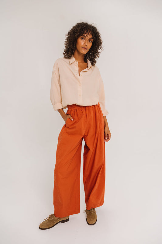 Terracotta Cotton-Blend Elastic Waist Wide-Leg Pants