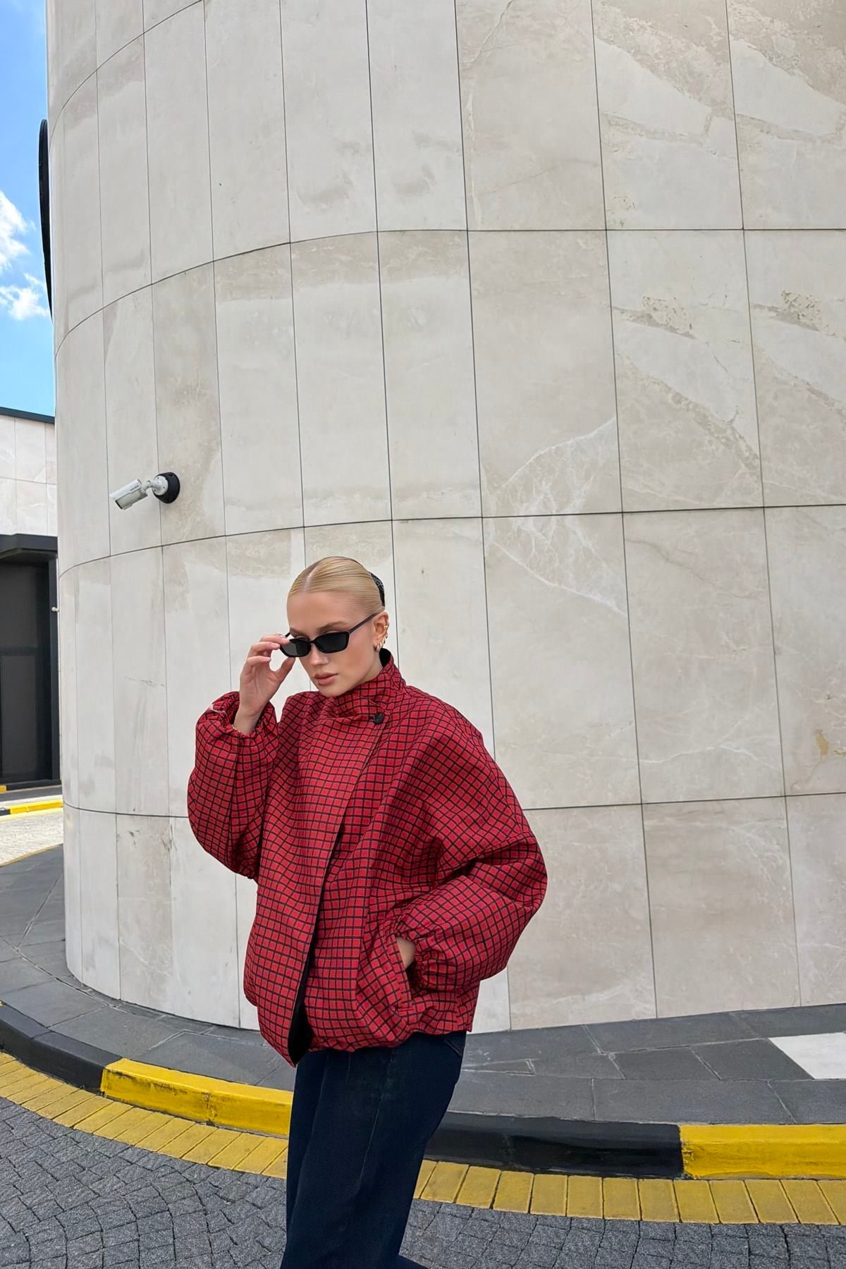 Red Grid Plaid High-Neck Bomber Jacket