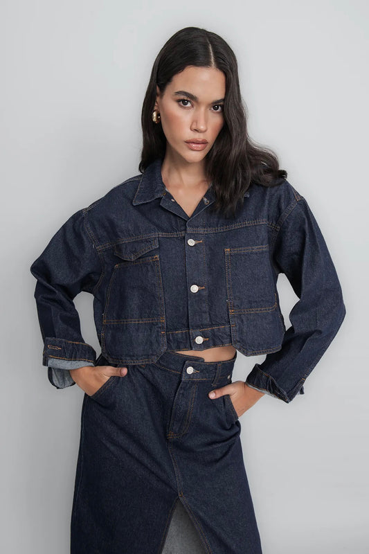 Crop Denim Jacket- Navy Blue - Oversized
