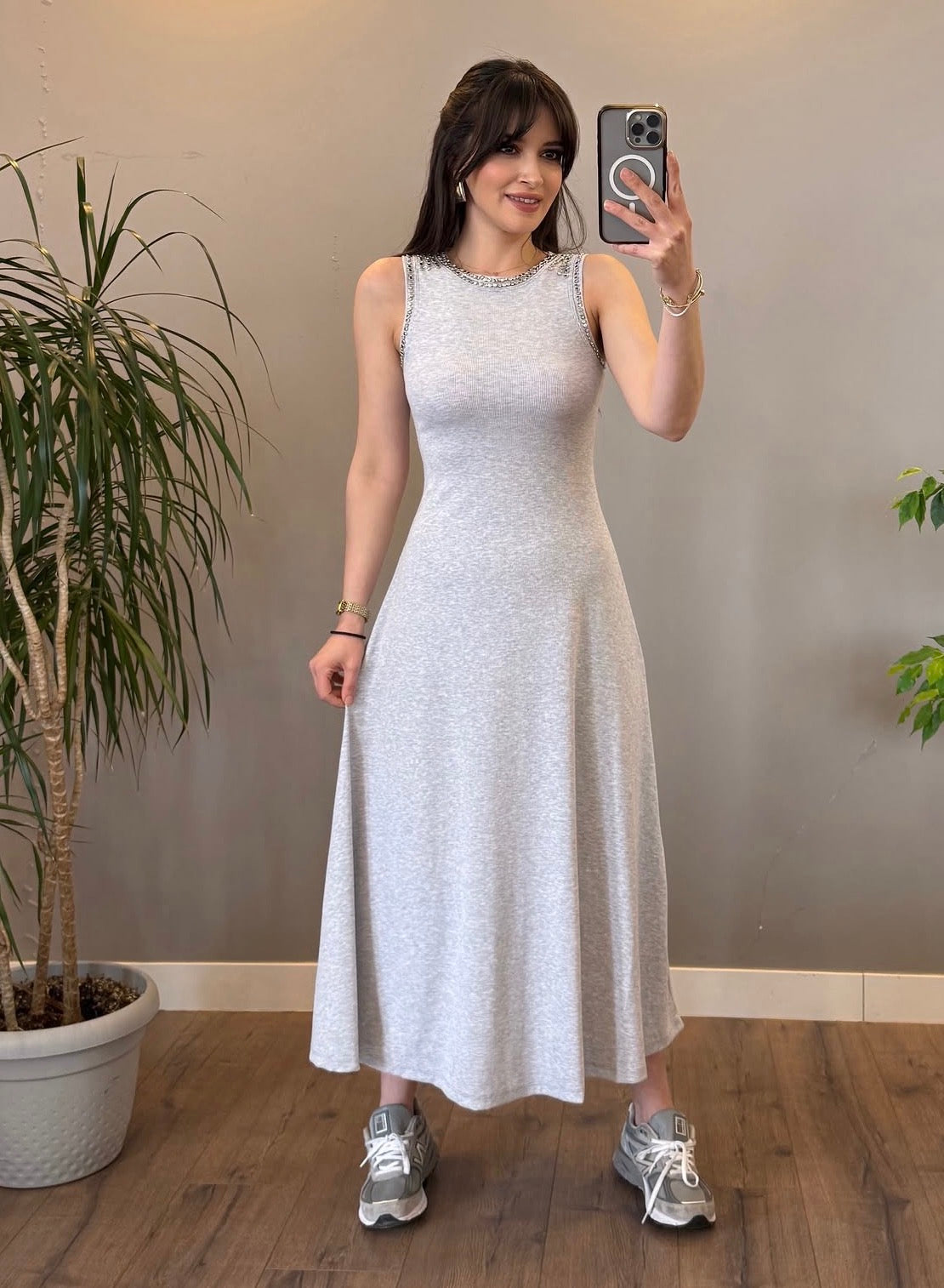 Stella Rhinestone & Stud Detailed A-Line Knit Dress