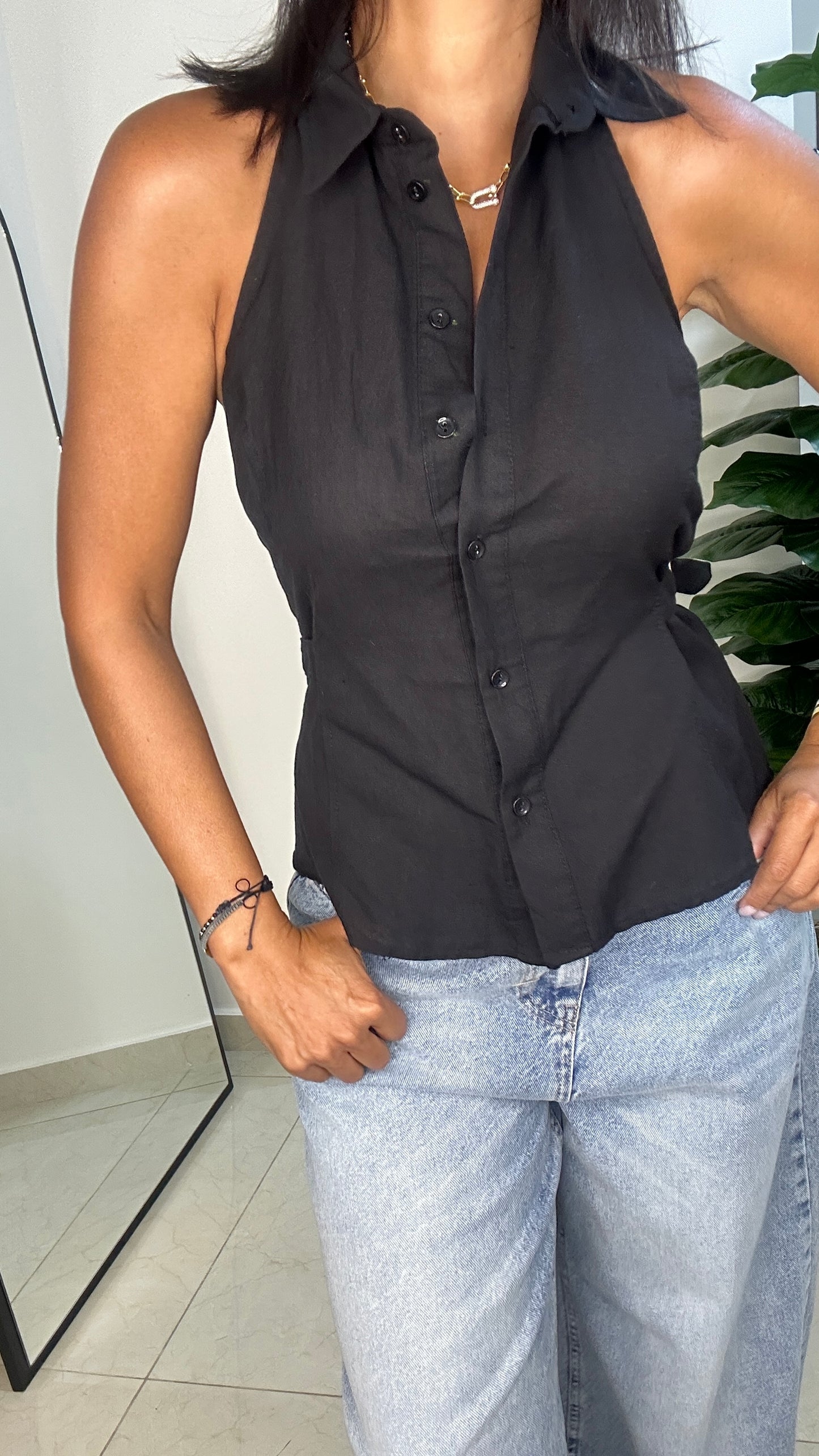 Halter Top - Black Color - Linen