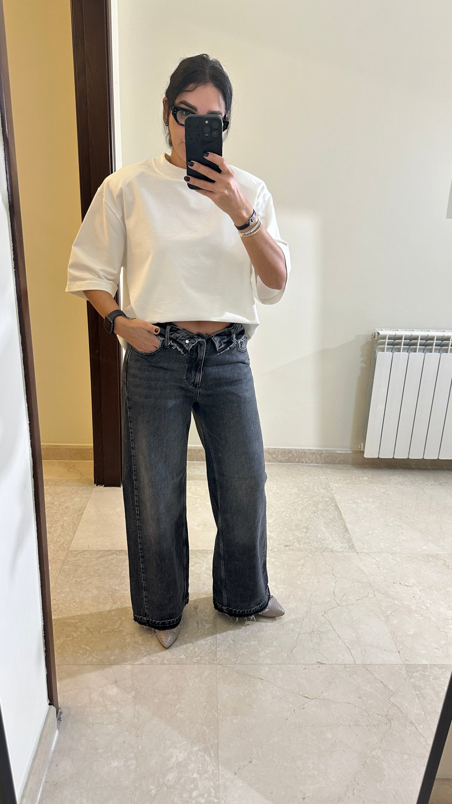 Asymmetric Fold-Over Mid to High-Rise Wide Leg Jeans