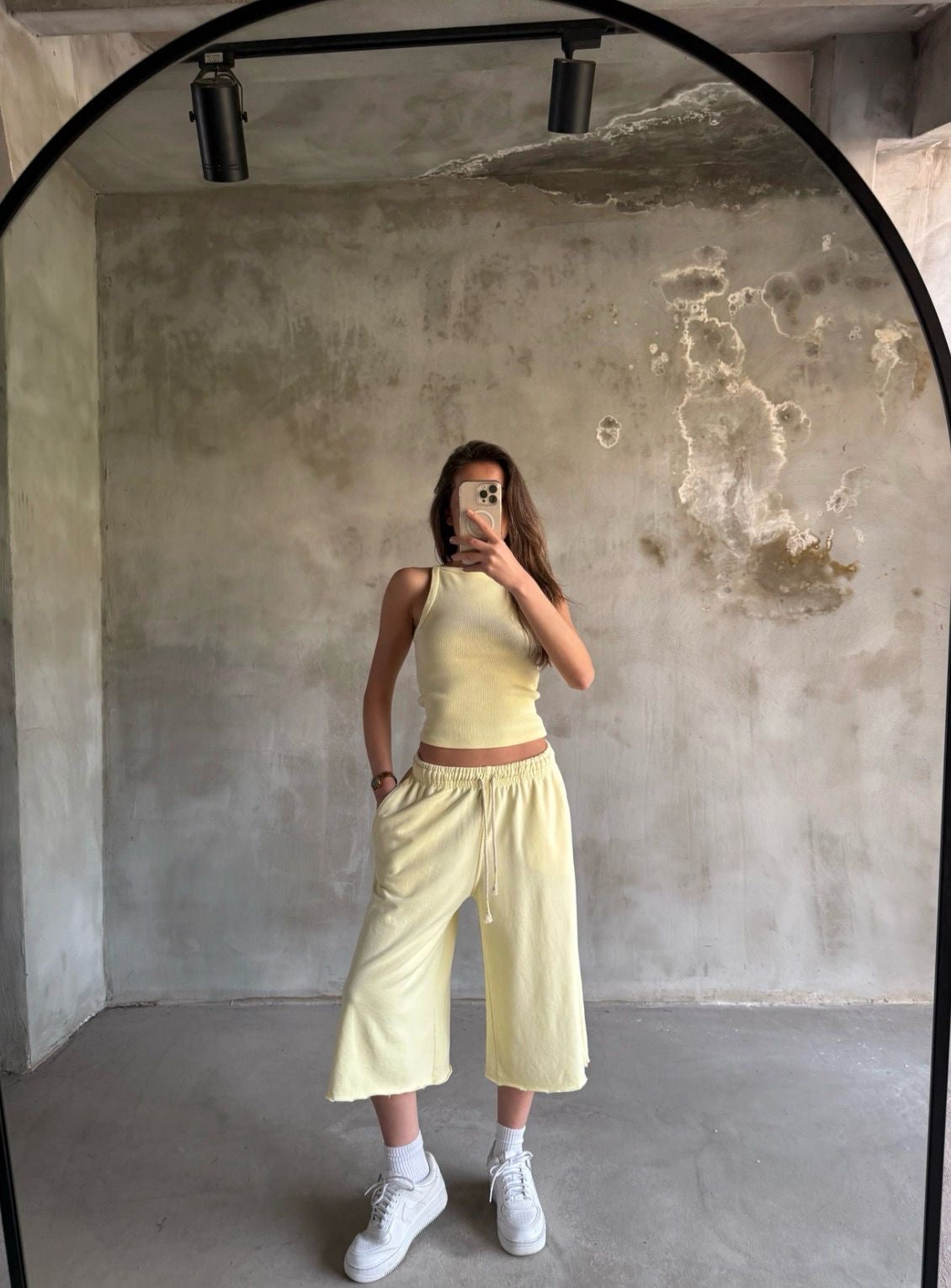 Cotton Lounge Set: Ribbed High-Neck Tank & Cropped Wide-Leg Sweatpants - Yellow Color -