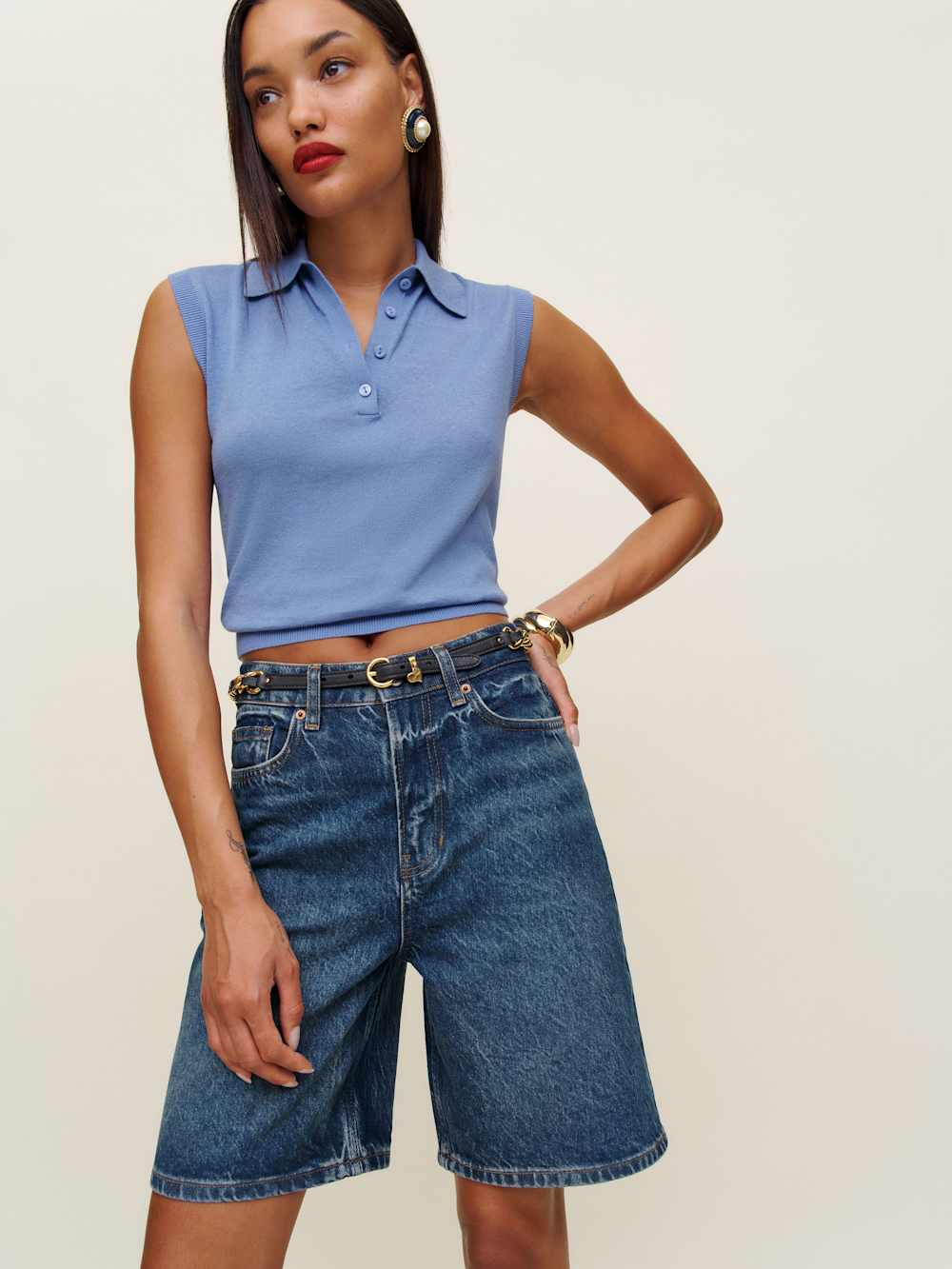 Tailored Wide-Leg Denim Bermuda Shorts