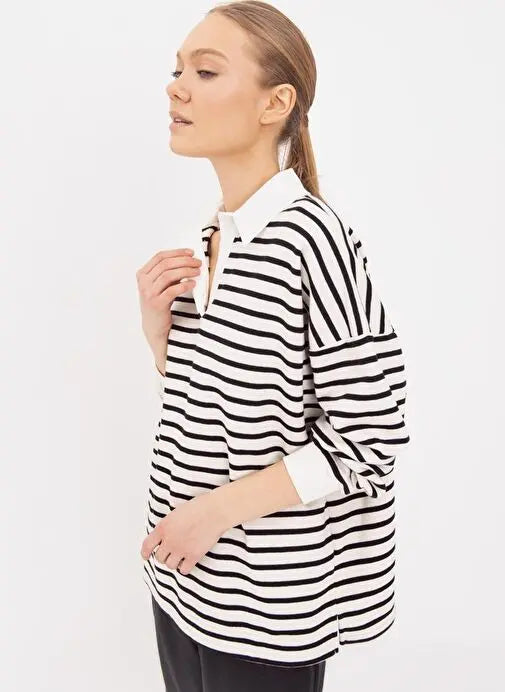 Polo Neck Black Striped Long Sleeve Women's Sweatshirt