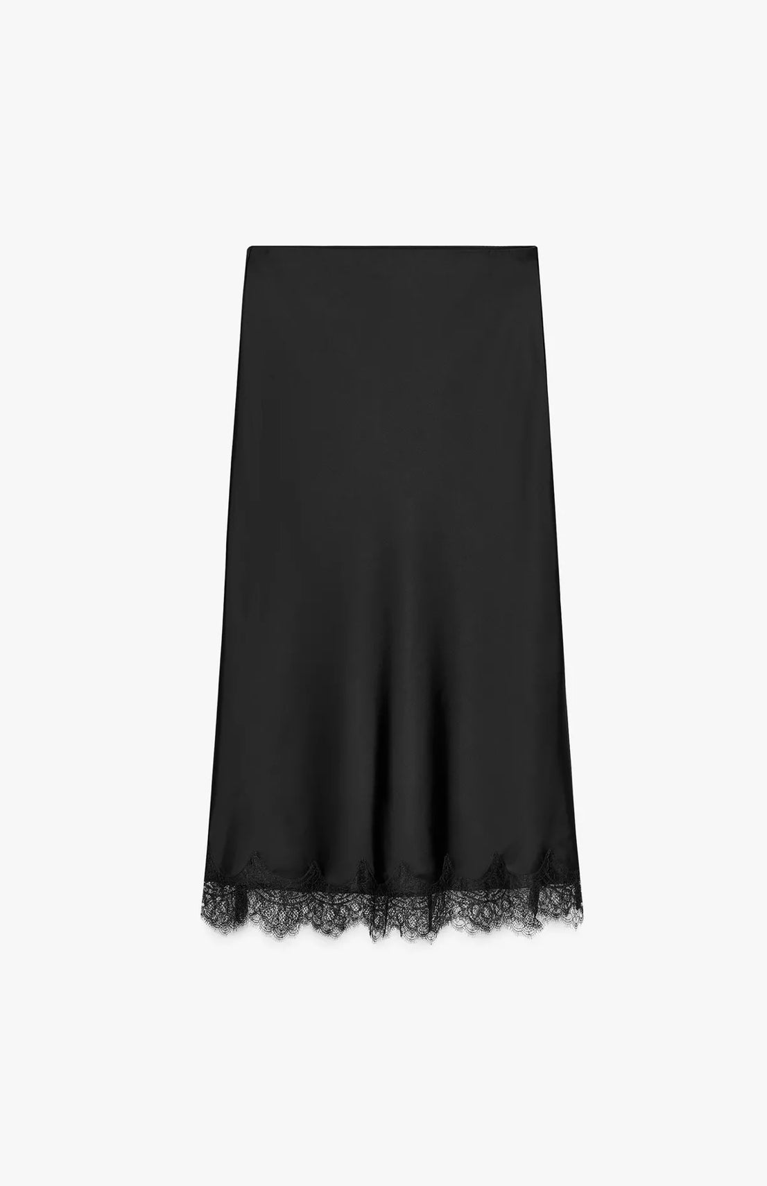 Lace Satin midi Skirt -Elastic Waist-  Black color