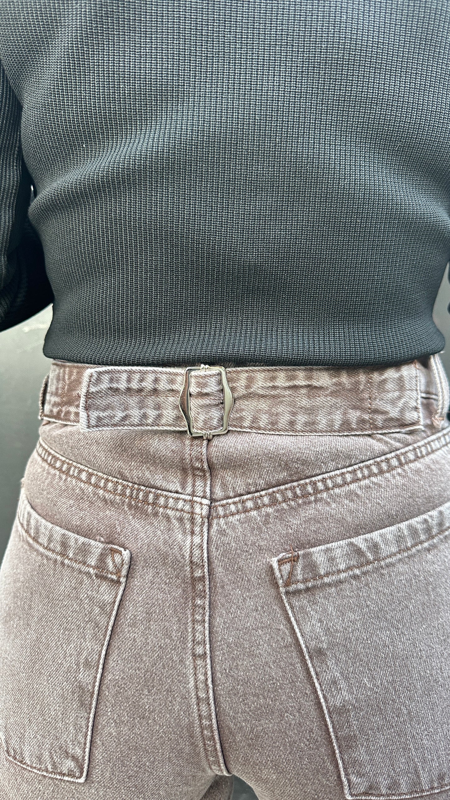 Mom Fit Denim Jeans - Brown Color - with a built in Belt on the Back