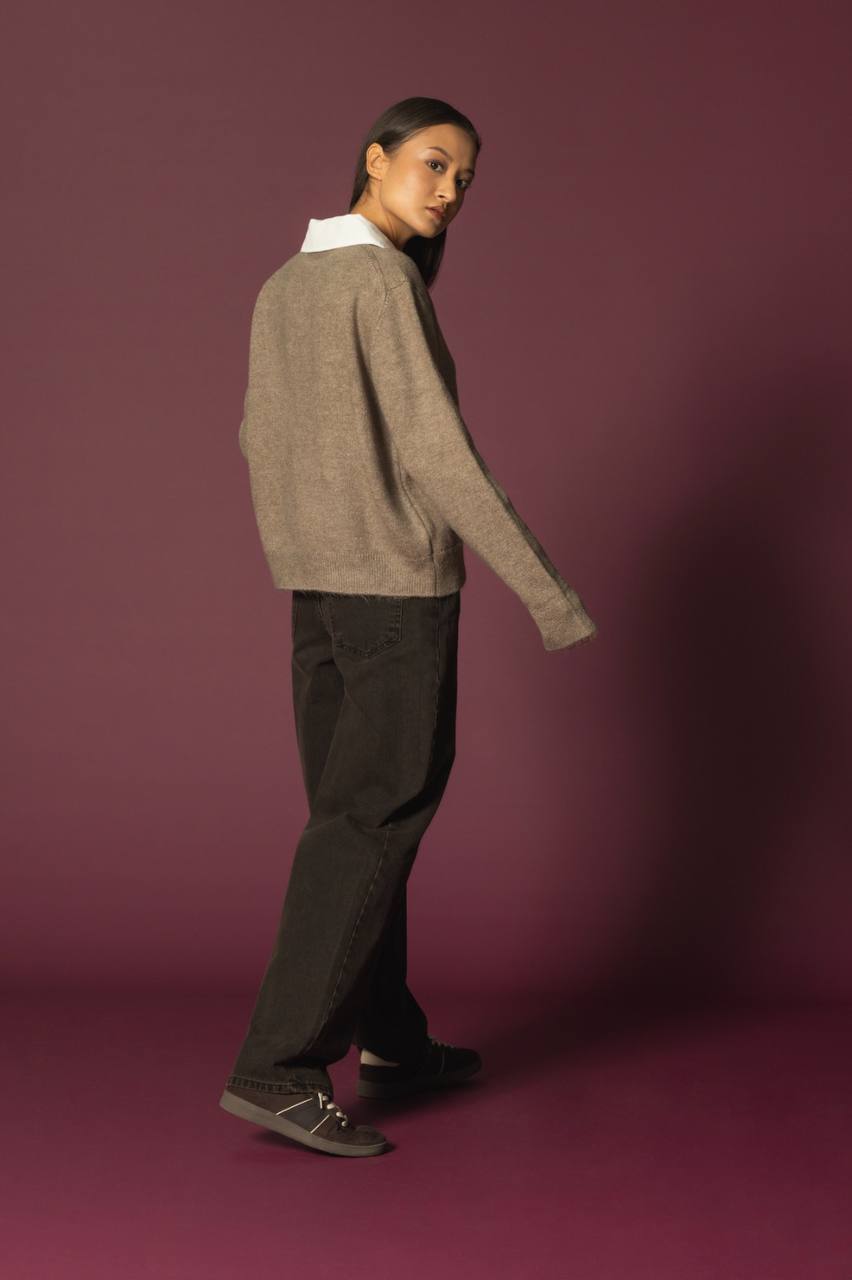 This appears to be a V-neck sweater made from a soft, neutral-toned yarn, likely wool or a blend, suggesting a comfortable, cozy feel.