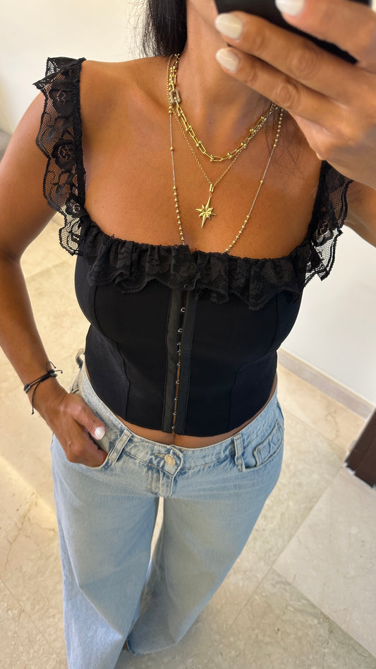 Juliet Black Lace Ruffle Corset Top