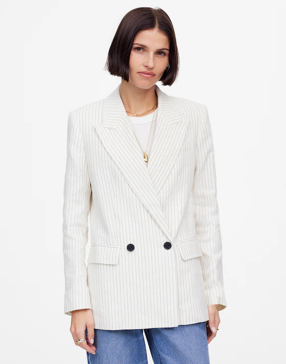The Tailored Pinstripe Linen Blazer in Sky Blue