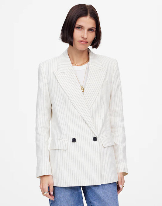 The Tailored Pinstripe Linen Blazer in Sky Blue