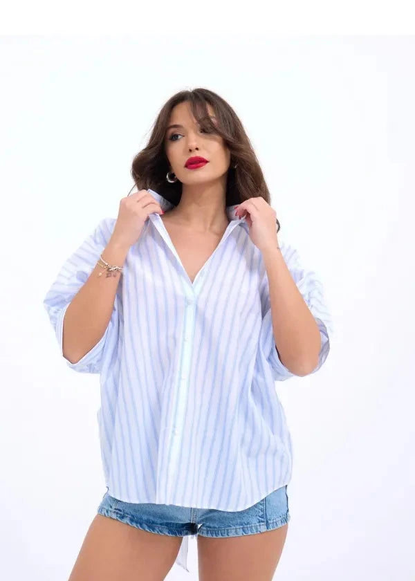 Serene Stripe Open-Back Blouse – Blue & White