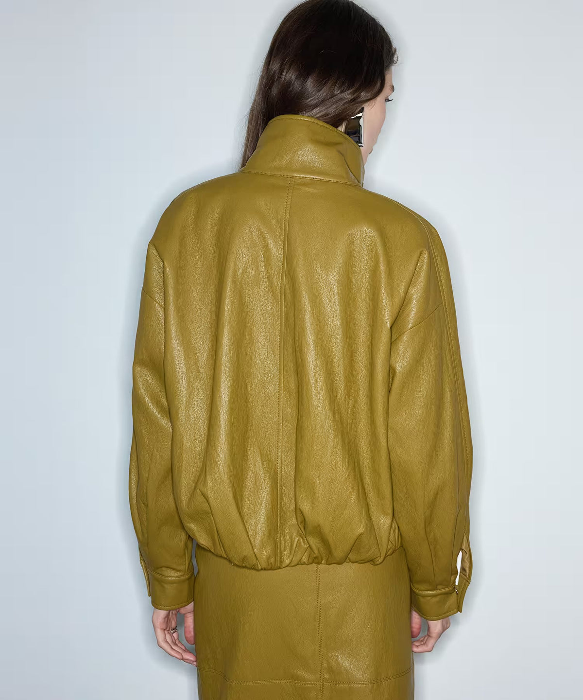 Ipekyol Elastic-Hem Real Leather Funnel Neck Jacket – Olive Green