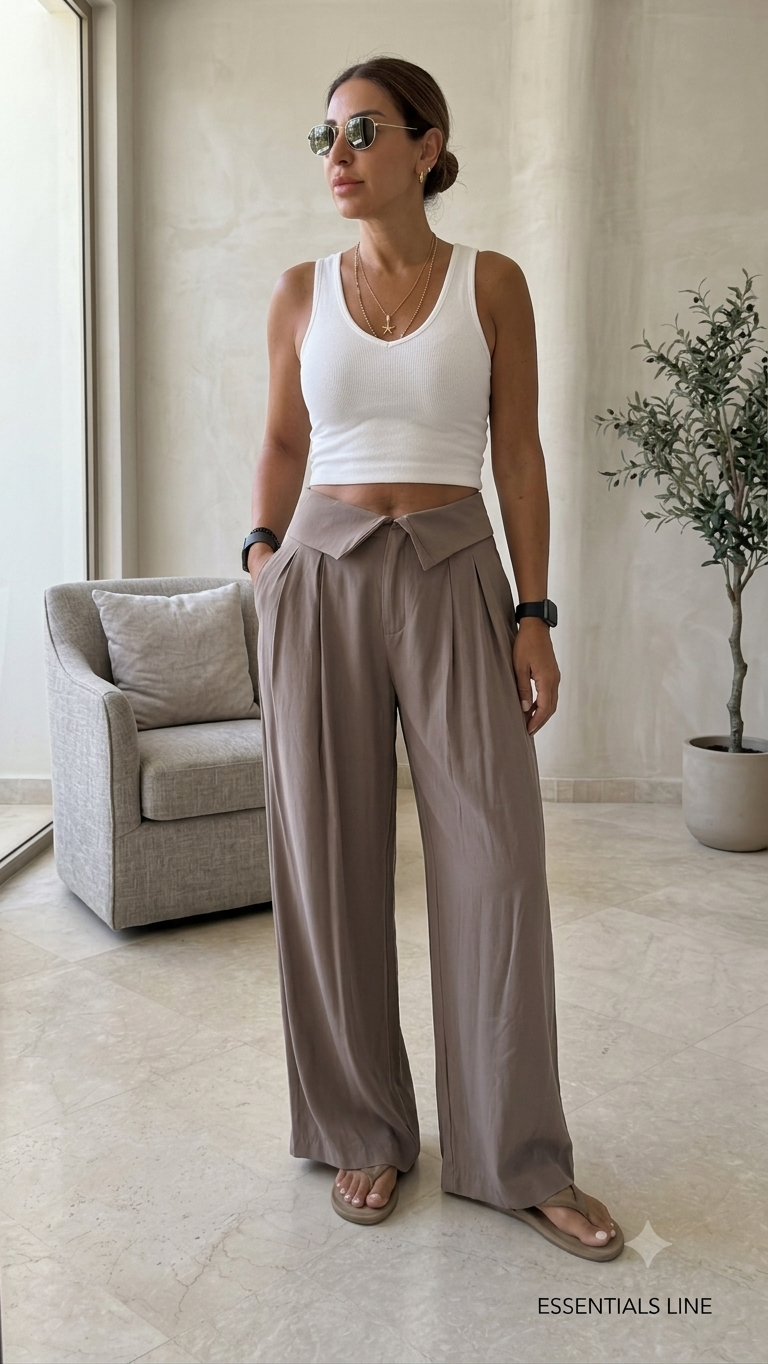 Fold-Over Wide-Leg Fluid Pants -Mocha Color-