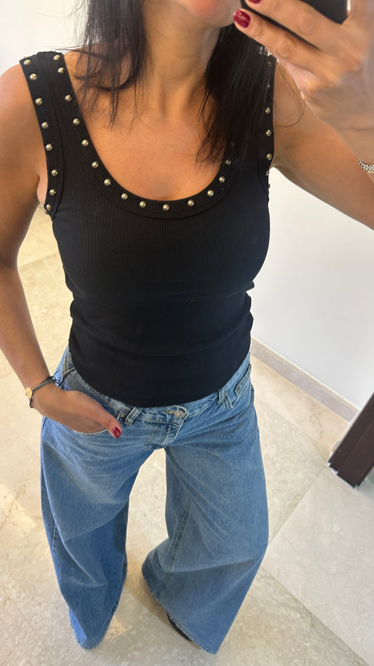 Cleo Studded Ribbed Tank Top - Black Color -