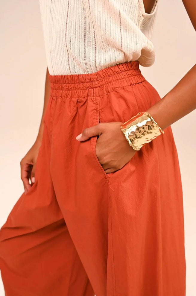 Terracotta Cotton-Blend Elastic Waist Wide-Leg Pants