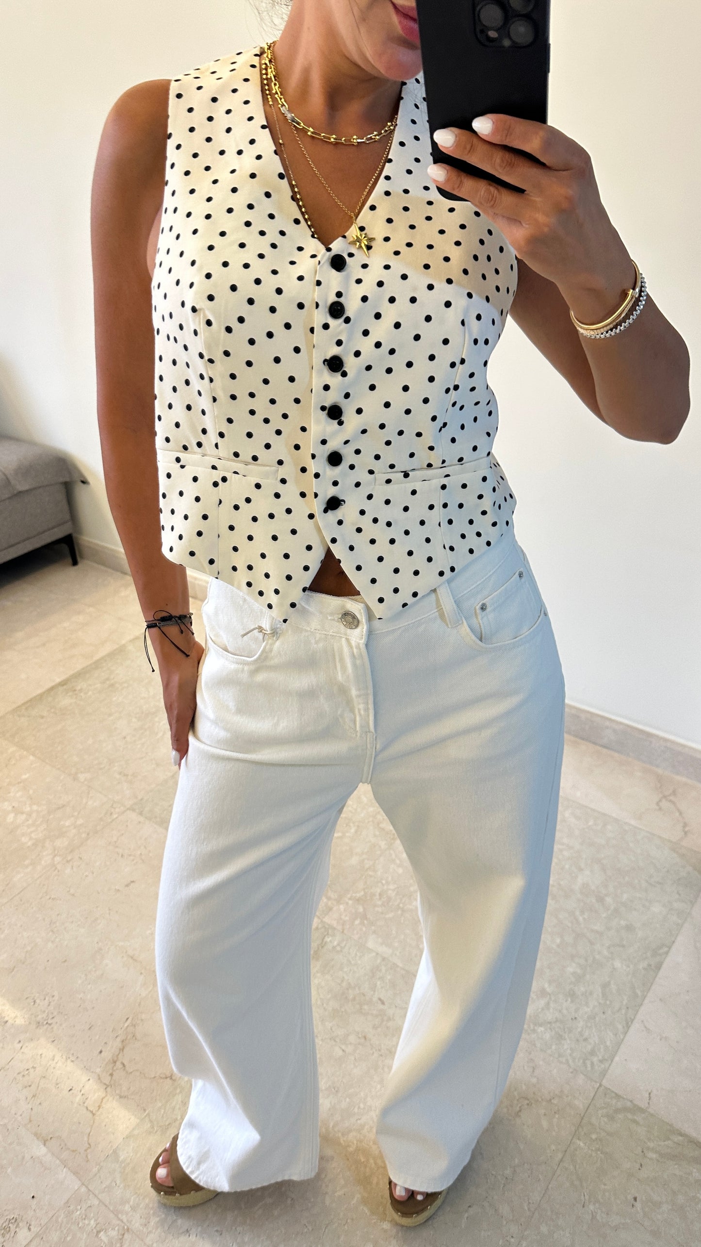Clara Polka Dot Cross-Back Vest - Ivory Color -