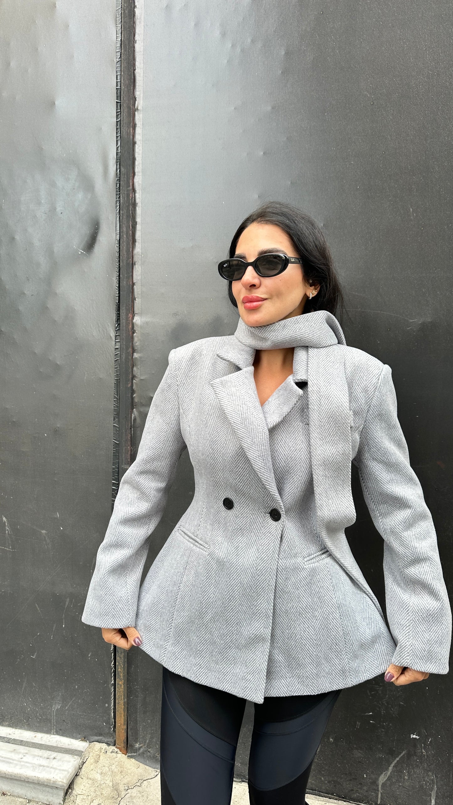 Blazer, Double-breasted, Flared Hem, Detachable Scarf - Light Grey -Felt Fabric