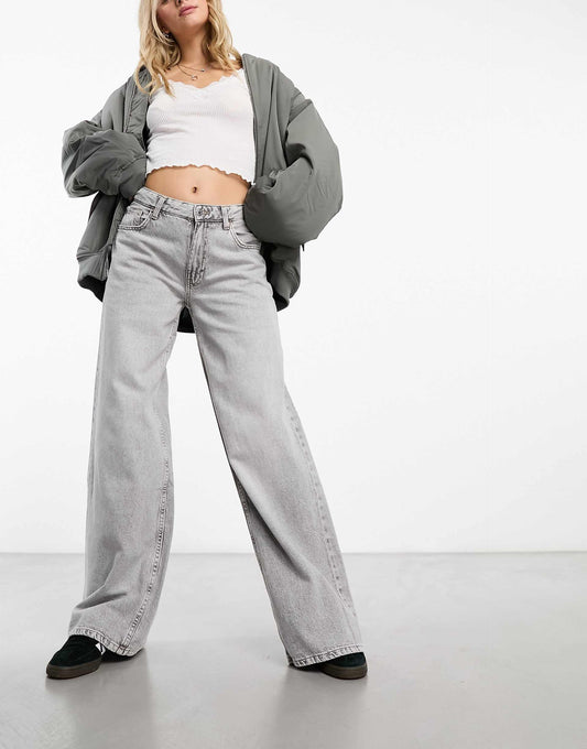 High waisted wide leg jeans in washed grey - Stretchy - Lycra