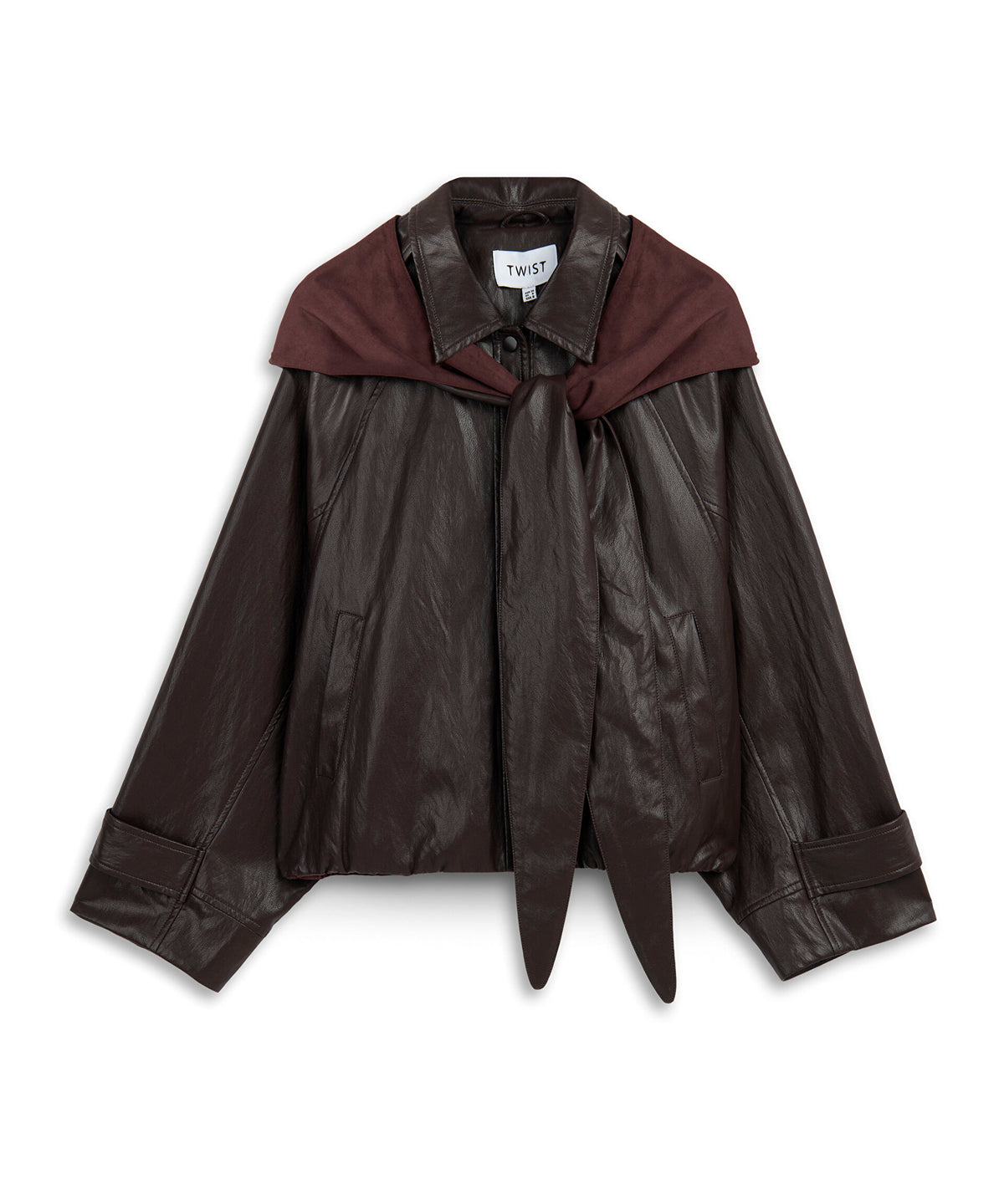 TWIST Tied-Scarf Real Leather Jacket in Burgundy